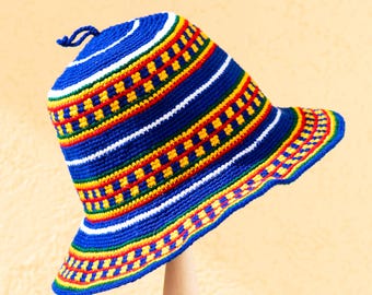 Handmade Crochet Beanie – Ethiopian Konso Knit Hat | Handwoven Striped Hat Red Blue Yellow| Statement Wide Brim Hat | Unisex Summer Hat