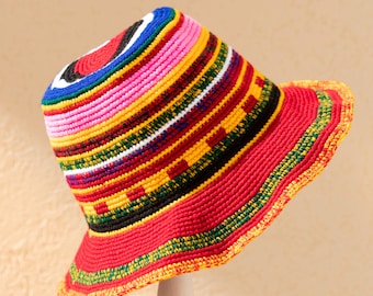 Red Crochet Bucket Hat | Ethiopian Konso Wide Brim Hat | Colorful Handmade Sun Hat | Unisex Multicolor Festival Hat