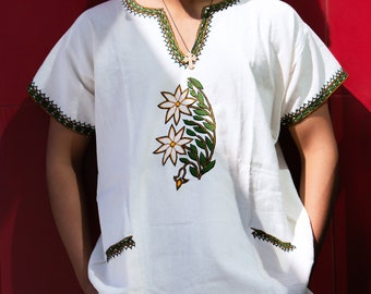 Hand-embroidered Cotton Shirt: Ethiopian Abujedi Floral Unisex Top