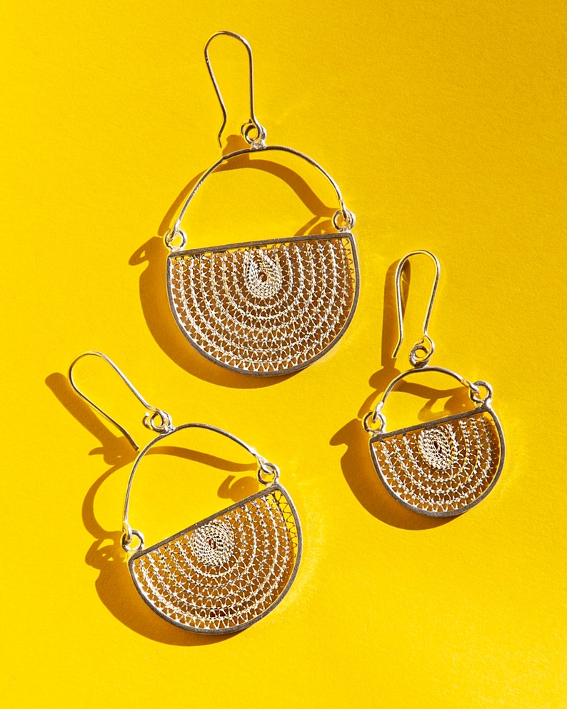 እርባን Silver Filigree Half-Circle Drop Earrings image 2