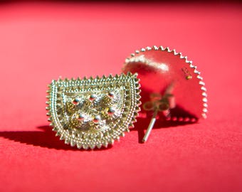 Silver Half Moon ጠልሰም (Telsum) Stud Earrings | Ethiopian Jewelry