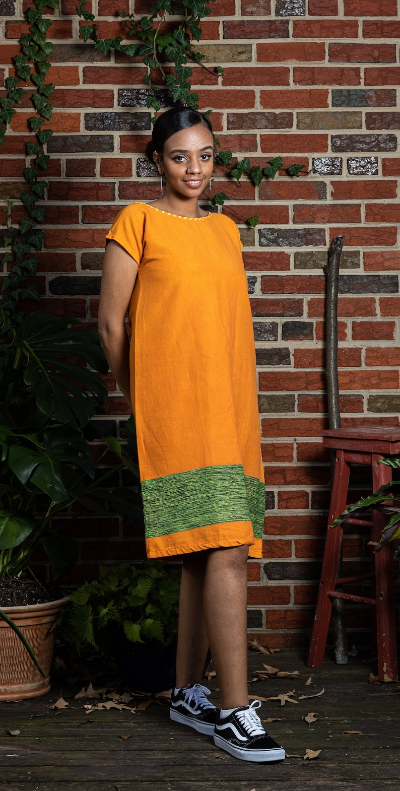 Midi Cotton Dress Butterscotch Yellow and Green image 2