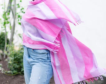 Handwoven Ethiopian Pink Striped Scarf: Wool Cotton Shawl Headwrap