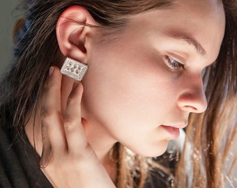 Silver Stud Earrings |  Rectangle ጠልሰም (Telsem)