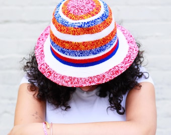African Wide Brim Hat | Handmade Ethiopian Konso Hat | Red Blue Orange White | Packable Unisex Festival Hat