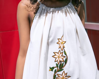 Handmade Cotton Sundress: White & Green Embroidered Boho Dress