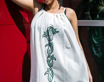 Handmade Ethiopian Cotton Dress: Green Embroidery Tie-Strap Kaftan