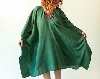Green Kaftan Dress Women |  Ethiopian Cotton Caftan Dress | Loose Handwoven Cotton Dress | Lightweight Lounge Dress | Resort Beach Cover Up
