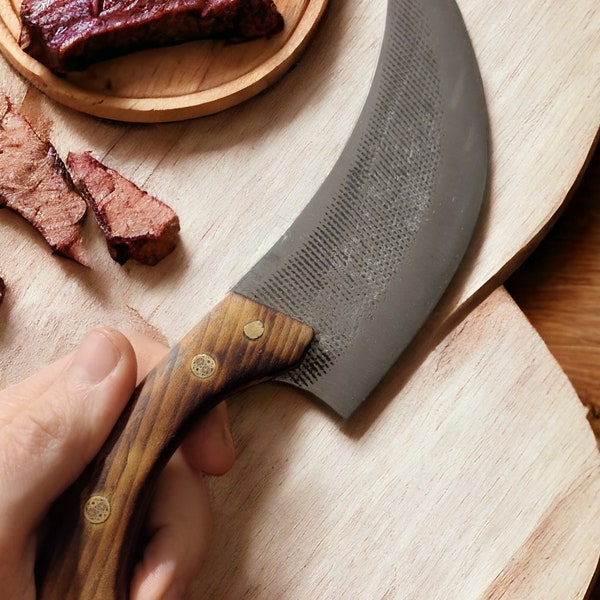 Hand-forged hunting knife, skinner knife made of file steel with cherry wood handle and black sheath