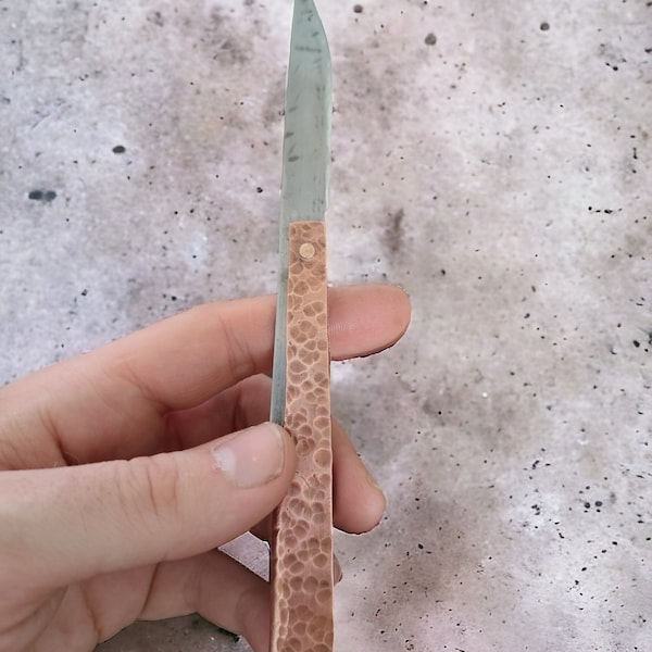 Handmade Friction Folder pocket knife made from a HSS saw blade with copper casing