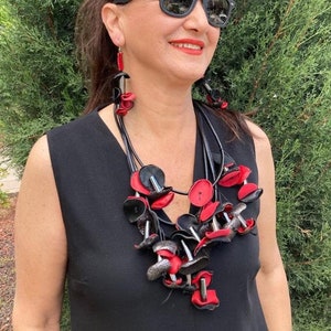 Edgy and Chic Leather Bib Necklace with Black and Red Accents, Statement Necklace Gift For Her, Festival Jewelry