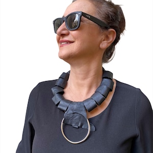 Chunky Leather Necklace, Christmas Gift For Her, African Necklace, Bold Jewelry, Handmade Necklace, Modernist Jewelry, Goth Style, Boholuxe