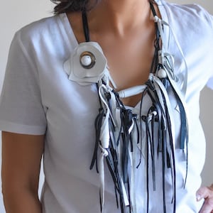 Statement Black and White Leather Fringe Bib Necklace - Handmade, Modern Jewelry, Artisan Necklace, Unique Gift for Her, Festival Jewelry