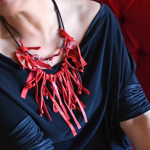 Leather Bib Necklace, Mother&#39;s Day Gift For Her, Statement Necklace, Avant Garde Jewelry, Chunky Bib Necklace, Festival Necklace