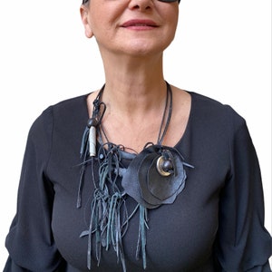 Unleash Your Inner Rebel with a Black Leather Bib Necklace - Avant Garde Style, Handmade Necklace Gift For Her, Modern Jewelry
