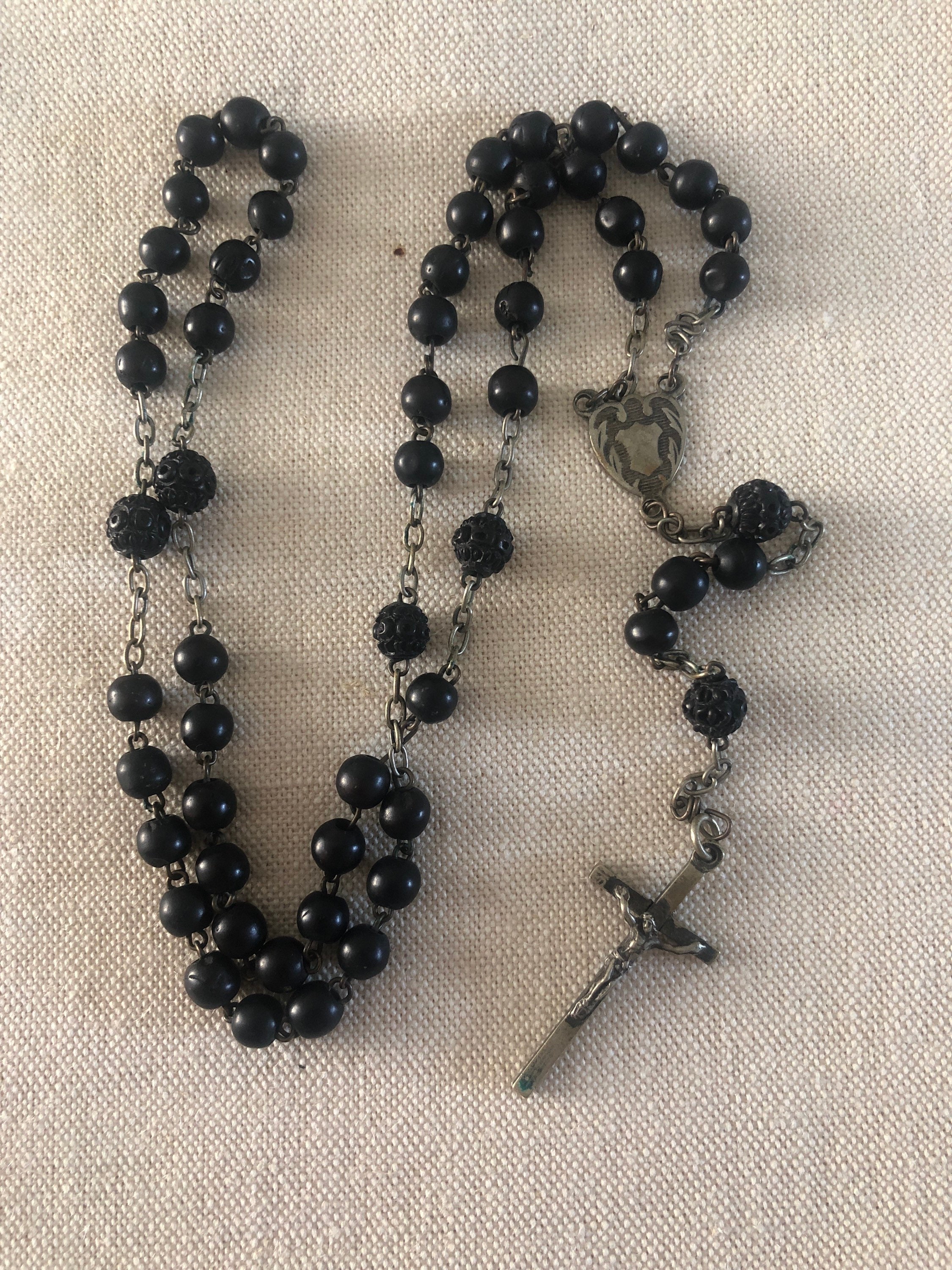 Beau Chapelet Perlé Noir - Rosaire Français