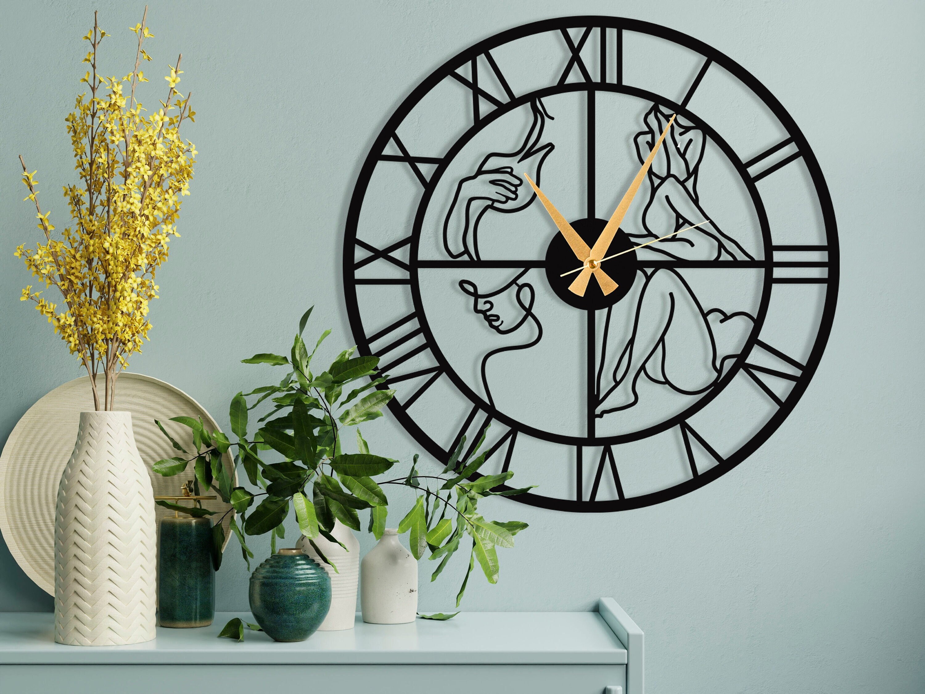 Horloge Murale Noire Nue Minimaliste, Horloge Unique Silencieuse en Grande Maison Métal, Cadeau de N