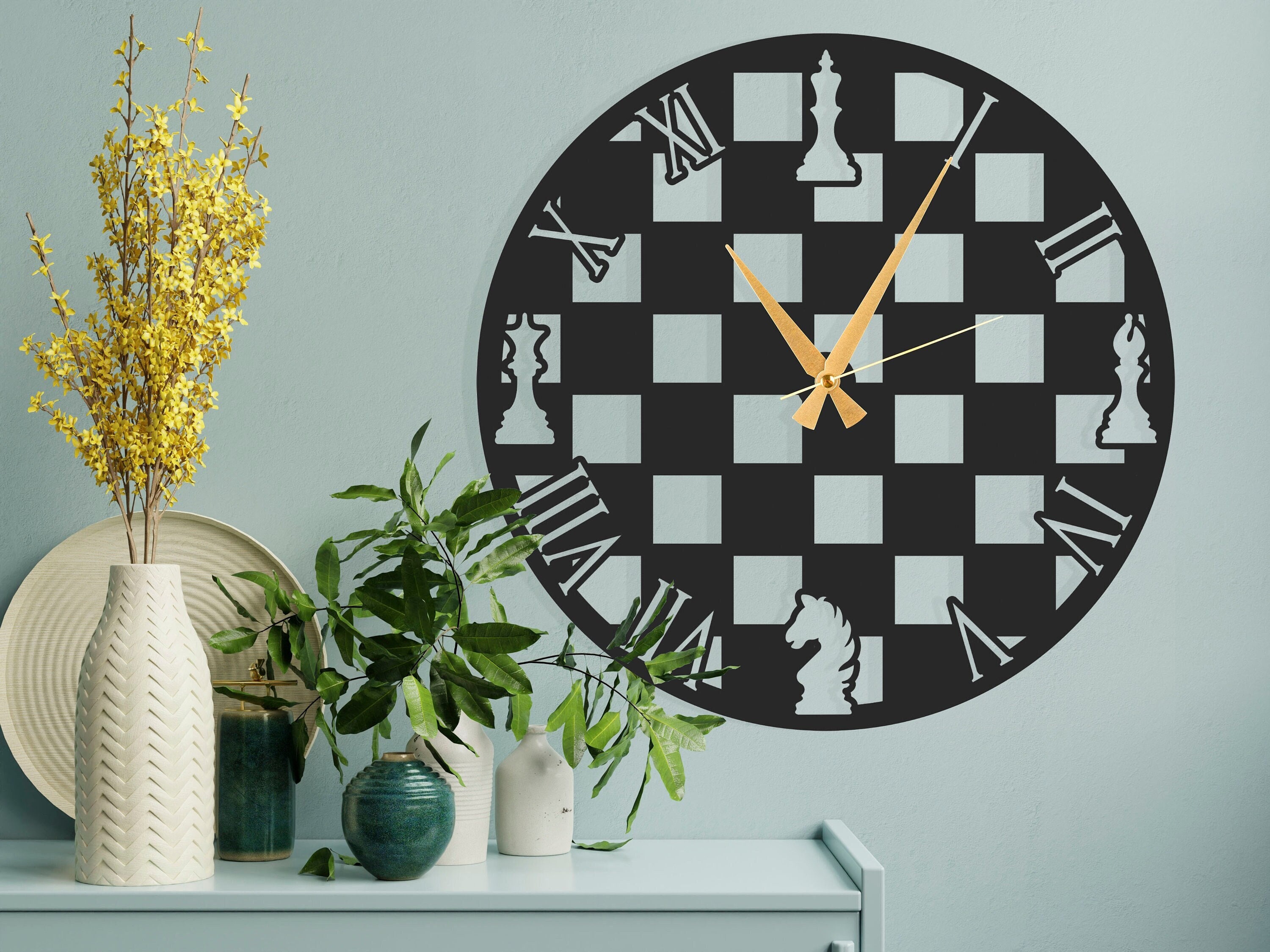 Horloge Murale d'échecs Moderne Noire Surdimensionnée, Horloge Unique Silencieuse en Grande Maison M