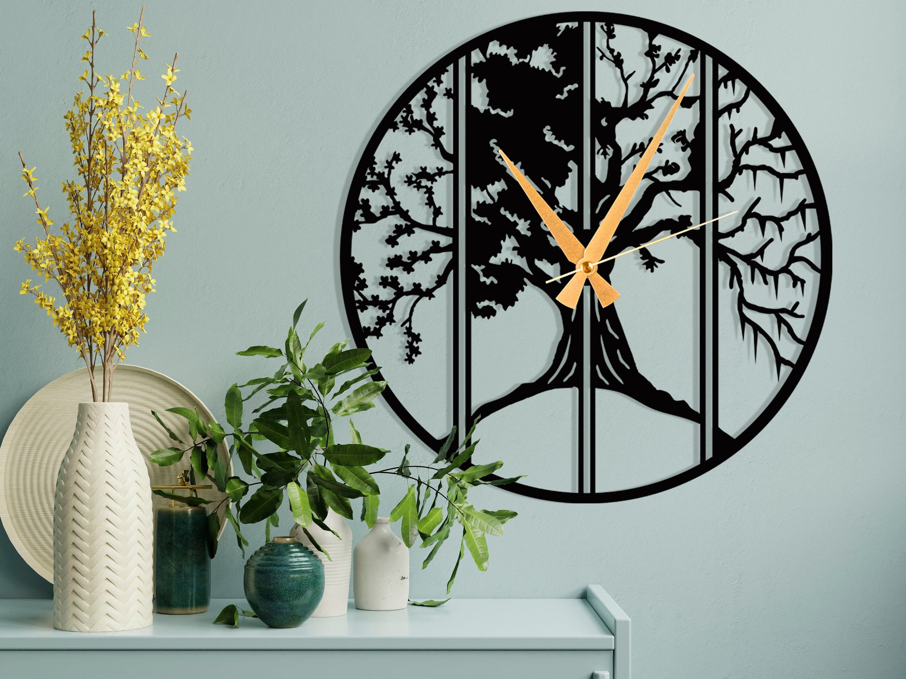 Unique Horloge Murale Quatre Saisons/Arbre de Vie Patio Surdimensionné Cloks Silencieux Pour Mur Uni