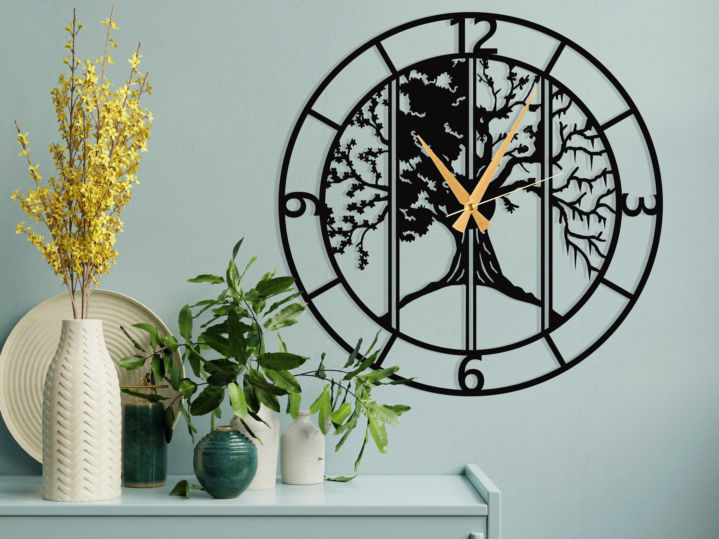 Unique Horloge Murale Quatre Saisons/Arbre de Vie Patio Surdimensionné Cloks Silencieux Pour Mur Uni