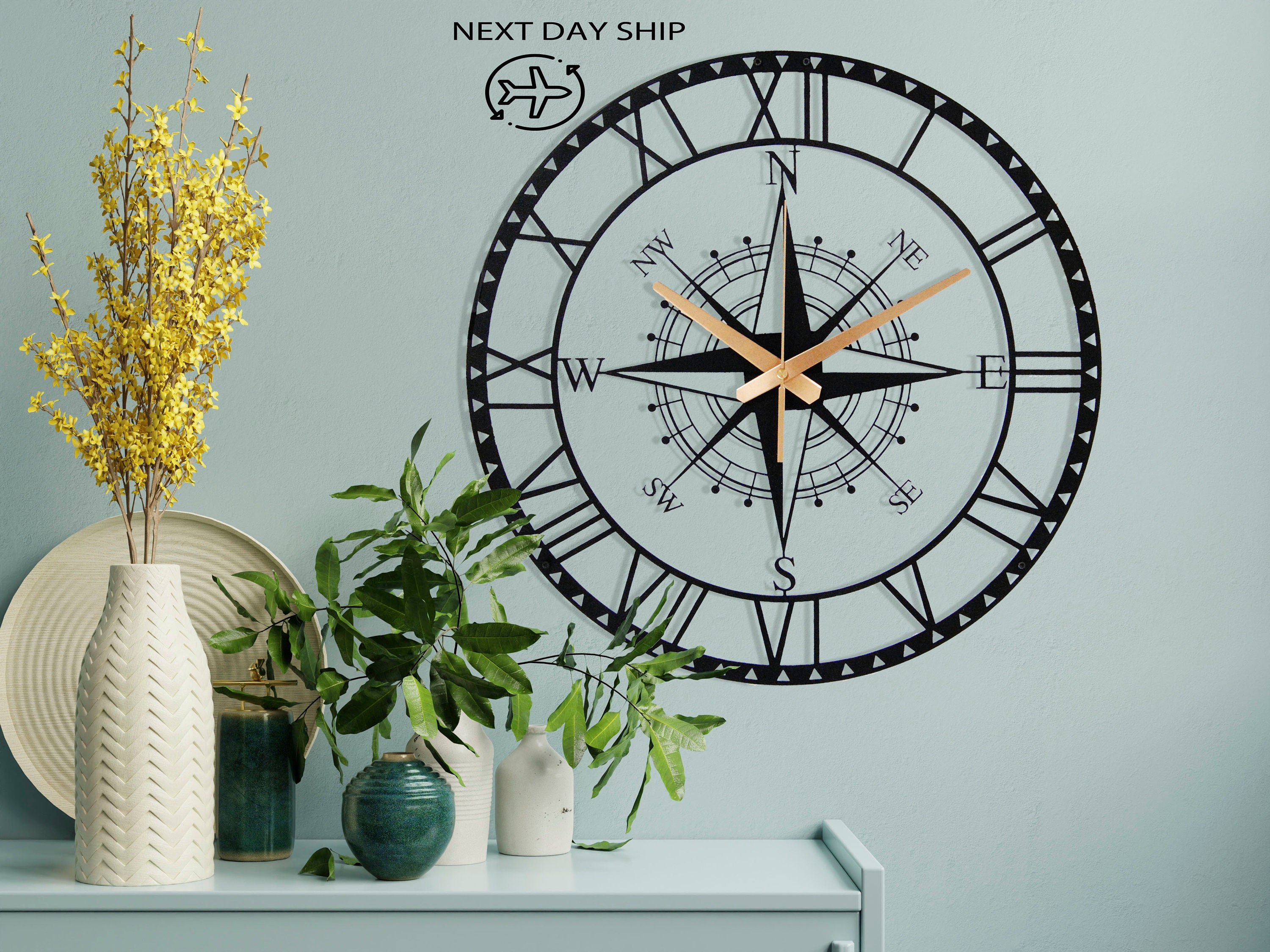 Wall Clock, Compass Design Metal Wall New Home Gift, Oversize Silent Bestseller Decor Art