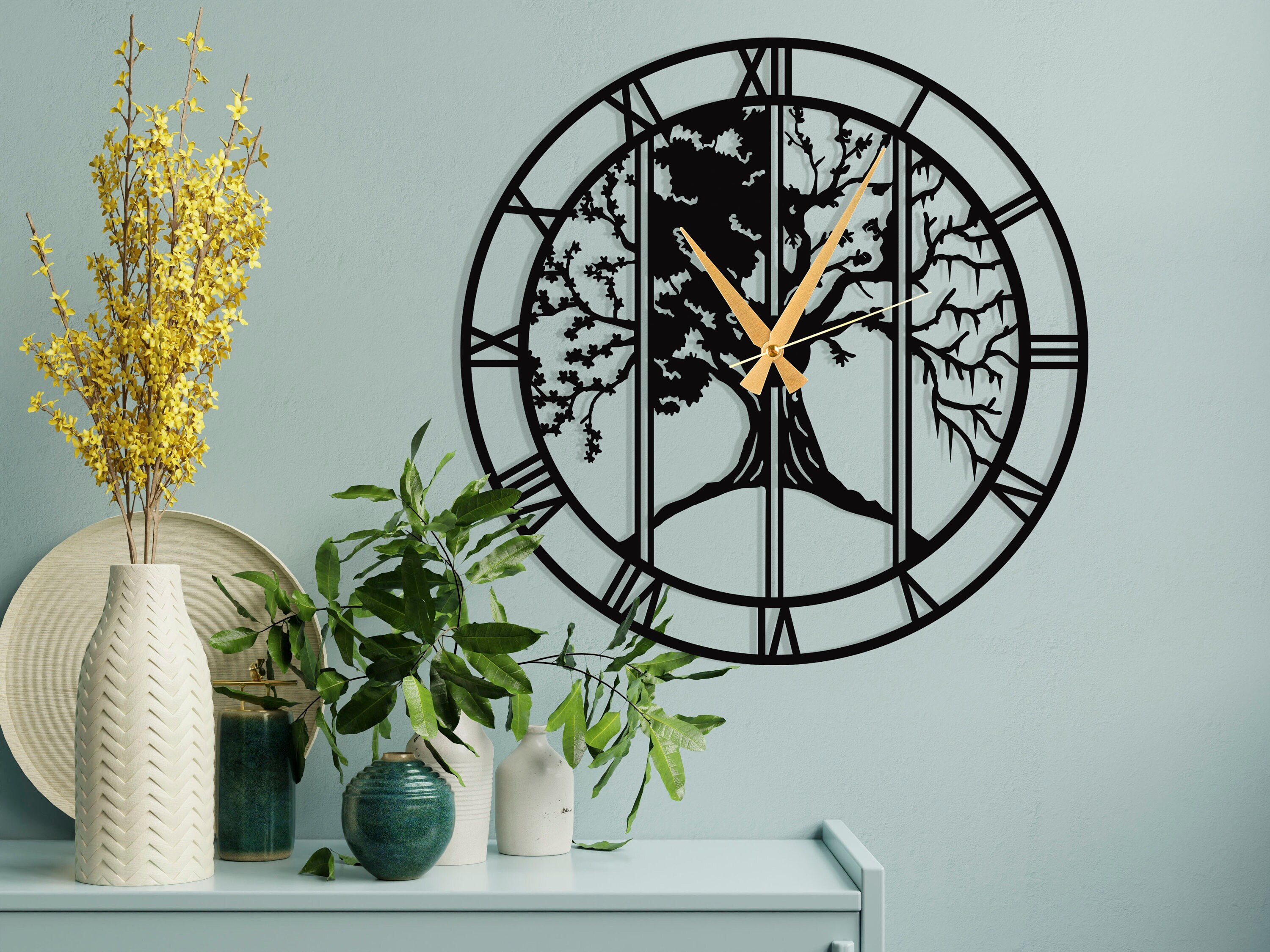 Unique Horloge Murale Quatre Saisons/Arbre de Vie Patio Surdimensionné Cloks Silencieux Pour Mur Uni