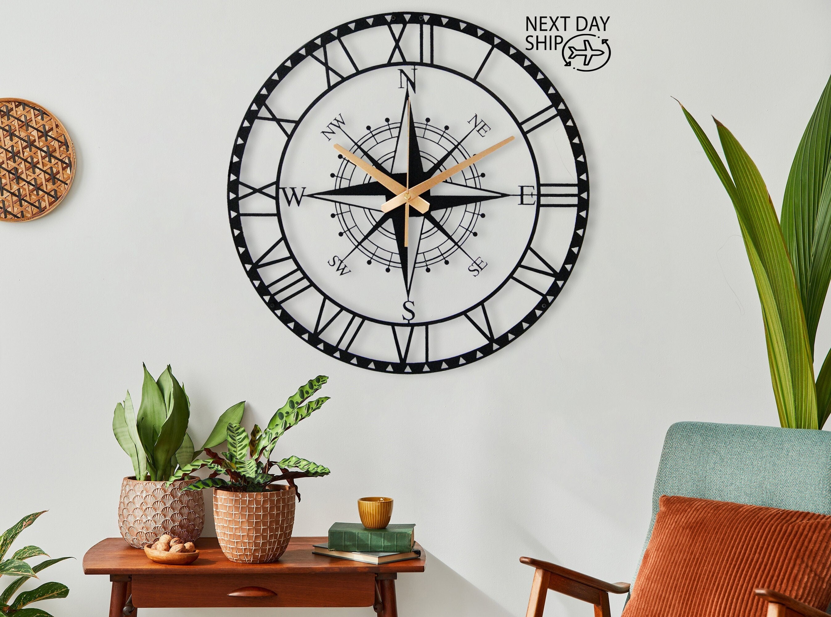 Wall Clock, Compass Design Silent Metal Wall New Home Gift, Oversize Clock Bestseller Decor Art
