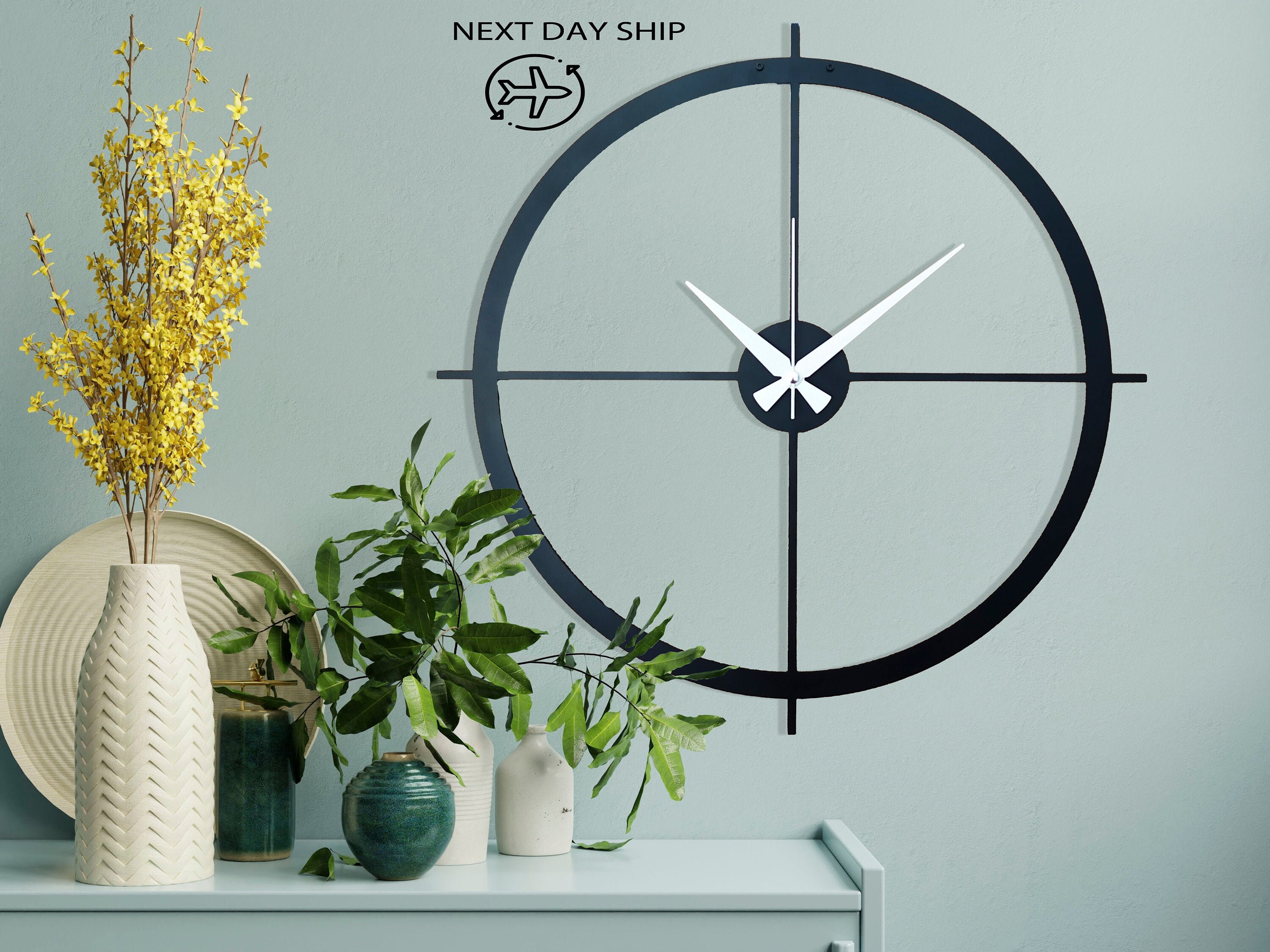 Horloge Murale Surdimensionnée Minimaliste Noire, Horloge Silencieuse Unique, Grandes Horloges Moder