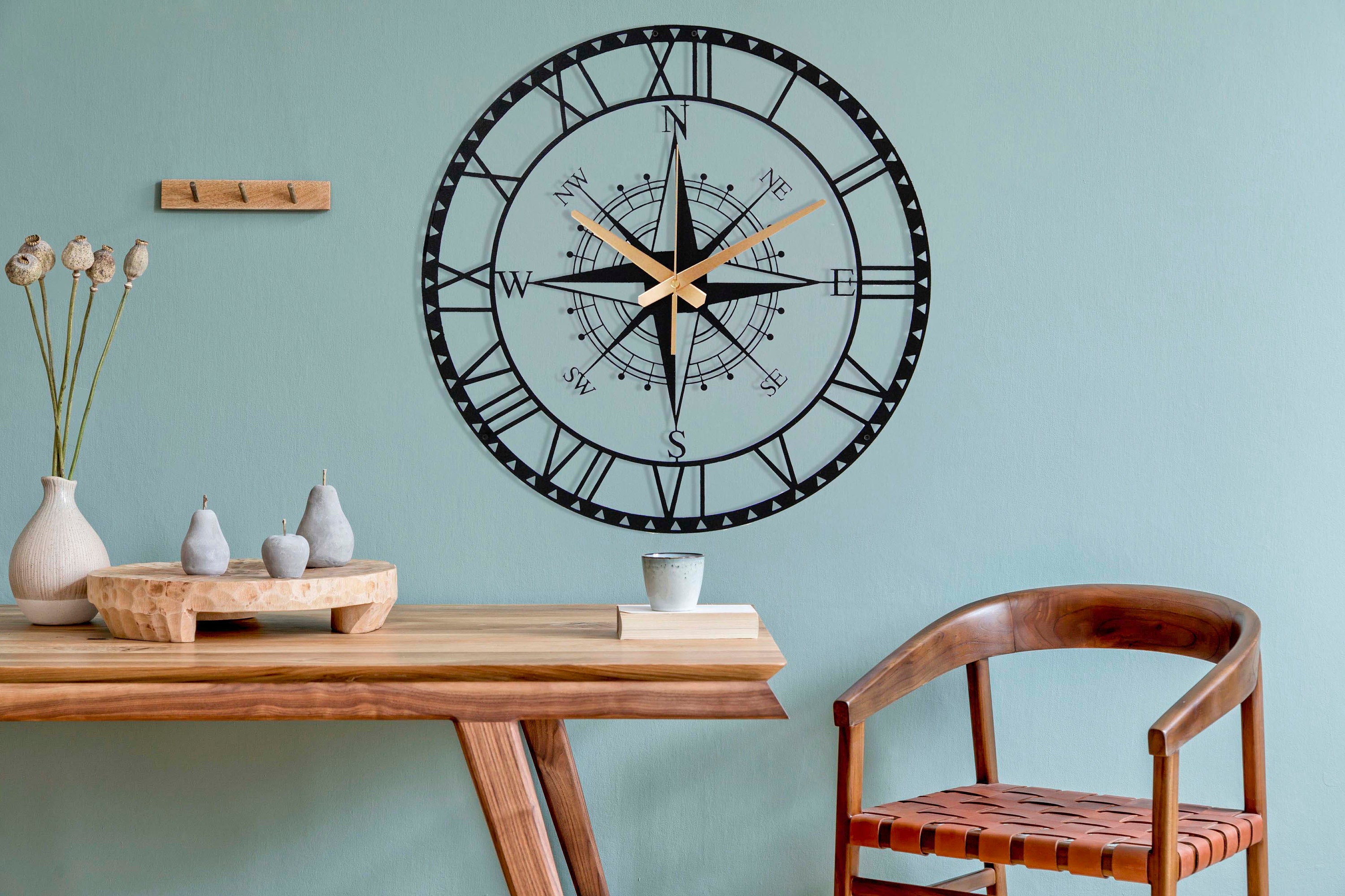 Wall Clock Compass Design Metal Wall Clock New Home Gift Etsy