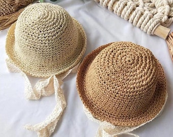 Estate coreano neonato ragazza cappelli di paglia cinturino in pizzo uncinetto bambini fatti a mano pieghevole berretto da sole pizzo spiaggia cappello da sole all'aperto