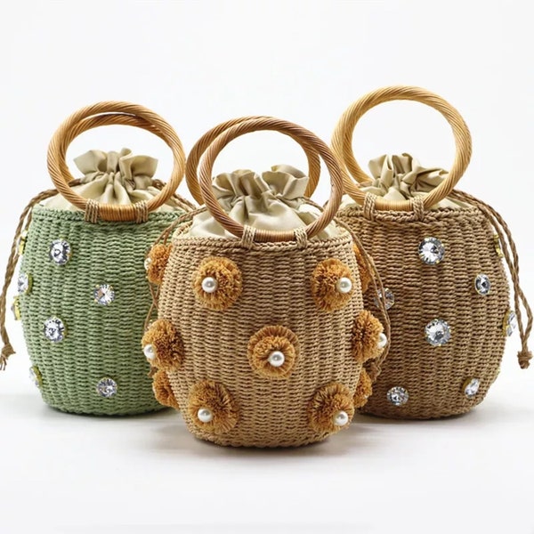 Handmade Rhinestone Crystal Embellished Straw Bag. Small Straw Bucket Bags. Lady Travel Purses and Handbags.