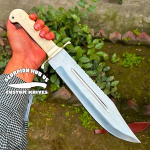 Custom Bowie Knife - Bone Handle Full Tang - Handmade Hunting Knife - High Carbon Steel Blade W/ Leather Sheath