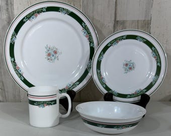 Juego de vajilla Arcopal Misty Meadow de 16 piezas, color blanco y verde, con diseño floral, para 4 personas, Francia.