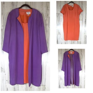 Misho Silk Dress Set 2-Teiler Size 12 Coral Shift Purple Duster Coat Vintage READ