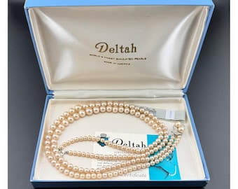 Deltah Double Strand Simulated Pearl Necklace 16in Cream Graduated Vintage Box