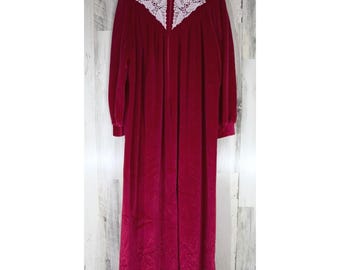 Vintage fluwelen maxi-jurk HouseCoat magentaroze kanten rand Grandma Grandma Cottage