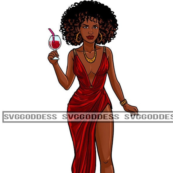 Afro Woman Beautiful Nubian Party Girl Fun Sexy Red Gown Drinking Wine Diva Afro  Hairstyle JPG PNG Designs Cricut Silhouette Cut Cutting