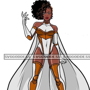Afro femme Super héros dessin animé personnage fort corps Costume déesse Costume Cape gants chignon JPG PNG dessins Cricut Silhouette coupe coupe