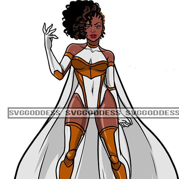 Afro Woman Super Hero Cartoon Character Strong Body Suit Goddess Costume Cape Gloves  Bun JPG PNG Designs Cricut Silhouette Cut Cutting