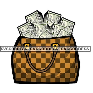 May include: A brown and tan checkered handbag with a gold handle filled with stacks of US dollar bills.
