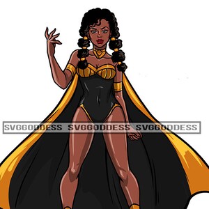Afro Frau Superheld Cartoon Charakter Starke Körper Anzug Göttin Kostüm Cape Gummibänder JPG PNG Designs Cricut Silhouette Cut Cutting