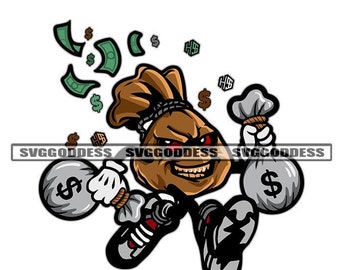Bolsa de dinero que huye sosteniendo sacos Gángster Signo de dólar Símbolo Fondos Piernas Zapatillas SVG JPG PNG Diseño vectorial Cricut Silueta Corte Corte