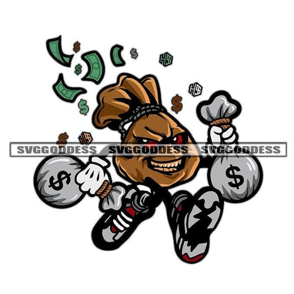 Money Bag Running Away Holding Sacks Gangster Dollar Sign Symbol Funds Legs Sneakers SVG JPG PNG Vector Design Cricut Silhouette Cut Cutting