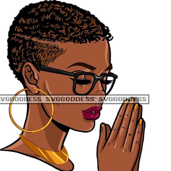 Afro Woman Praying Wearing Glasses Earrings Side View Profile African American Black Girl Magic JPG PNG Designs Cricut Silhouette Cutting