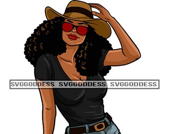 Cowgirl donna afro indossando cappello Cowboy Western Ranch nubiano melanina ragazza nera magia SVG JPG PNG Vector Clipart Cricut sagoma taglio taglio