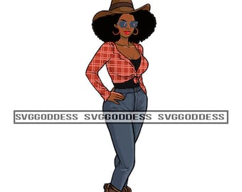 Afro Donna Cowgirl che indossa cappello Cowboy Boots Western Ranch Melanin Black Girl Magic SVG JPG PNG Vector Clipart Cricut Silhouette Cut Cutting