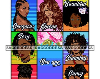 Afro Mujer Eres Hermosa Reina Sexy Curvy Diva Nubian Melanin Black Girl Magic SVG JPG PNG Vector Clipart Cricut Silueta Corte Corte