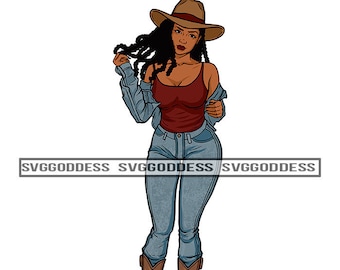 Afro Woman Cowgirl Wearing Hat Cowboy Boots Western Ranch Melanin Black Girl Magic SVG JPG PNG Vector Clipart Cricut Silhouette Cut Cutting