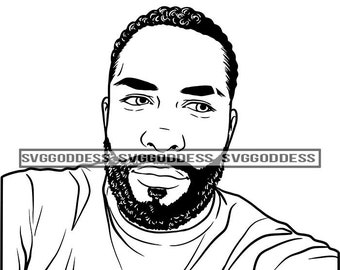 Afro Bearded Black Man Portrait Attractive Manly Mustache T Shirt Beard Masculine  B/W SVG JPG PNG Vector Clipart Cricut Silhouette Cutting