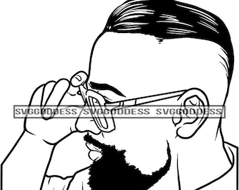 Afro Barbuto Bell'uomo nero Alto Top Occhiali Attraenti B/N SVG JPG PNG Vettoriale Clipart Cricut Silhouette Taglio